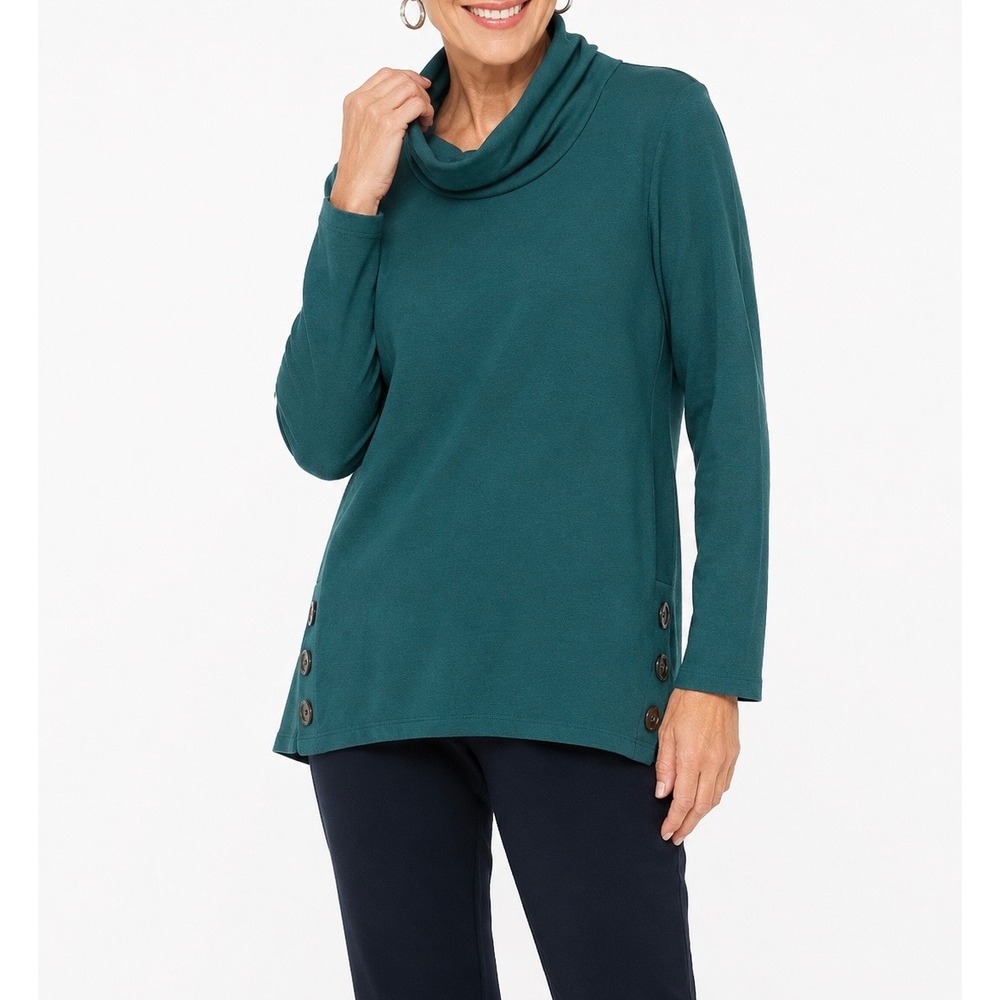 Chicos Cowl Neck Tunic Top Teal Green Side Button Knit Long Sleeve Size 1 medium